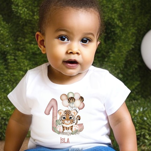 Camiseta Para Bebê Tigre-rosa-rosado, primeiro aniversario de uma gar (1st Birthday girl baby t-shirt with a cute baby tiger, number one and safari balloons)