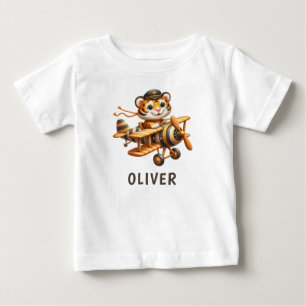 Camiseta Para Bebê Tigre Voador Caprichoso e Fofo em um Avião