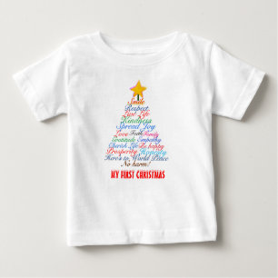 Camiseta Para Bebê Tipografia de Árvore de Natal Primeiro Natal do Be