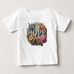 Camiseta Para Bebê Tipografia Floral Esperança com Aves e Botânica