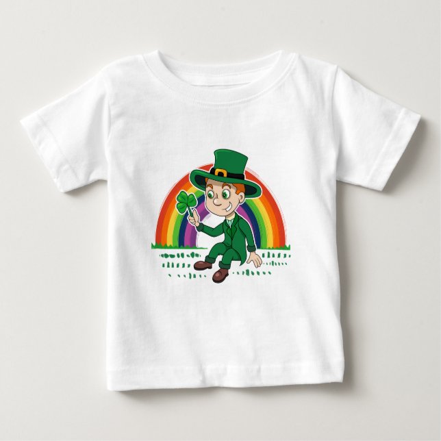 Camiseta Para Bebê Toon leprechaun bonito com shamrock e arco-íris (Frente)