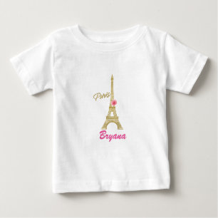 Camiseta Para Bebê Torre Eiffel Dourado Paris & costume do rosa do