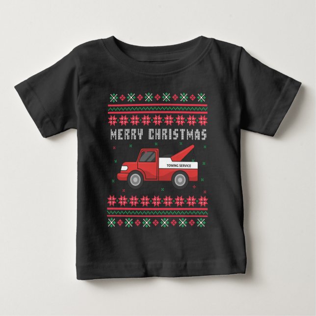 Camiseta Para Bebê Tow Truck Ugly Christmas Sweater (Frente)