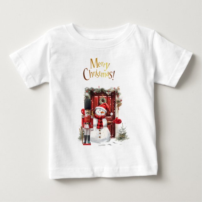 Camiseta Para Bebê Toy British Soldier Bearskin hat e Snowman (Frente)