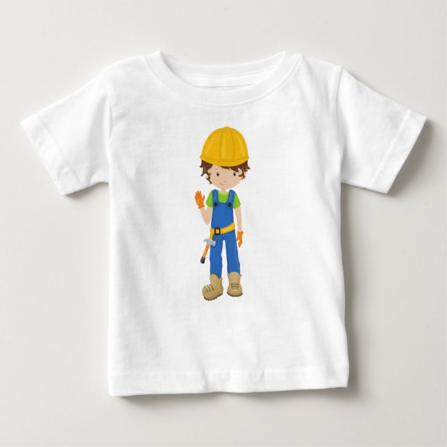Camiseta Para Bebê Trabalhador de Construção, Cabelo Castanho, Garoto (Frente)