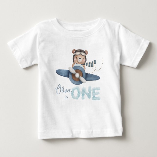 Camiseta Para Bebê Traje de Urso Azul, Plano Um, primeiro aniversario (Frente)