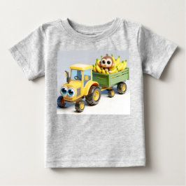 Camiseta Para Bebê Trator Amarelo com macaco e bananas