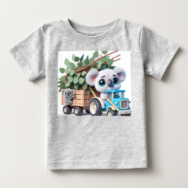Camiseta Para Bebê Trator azul claro com Koala (Frente)