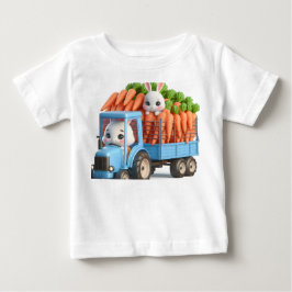 Camiseta Para Bebê Trator Azul com Coelho e Cenoura