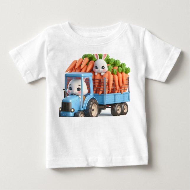 Camiseta Para Bebê Trator Azul com Coelho e Cenoura (Frente)