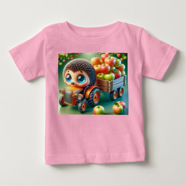 Camiseta Para Bebê Trator Laranja com Porcas e Maçãs (Frente)