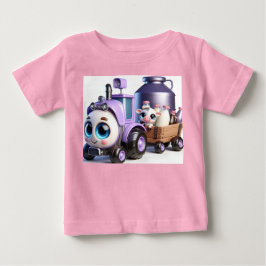Camiseta Para Bebê Trator roxo com vaca e leite
