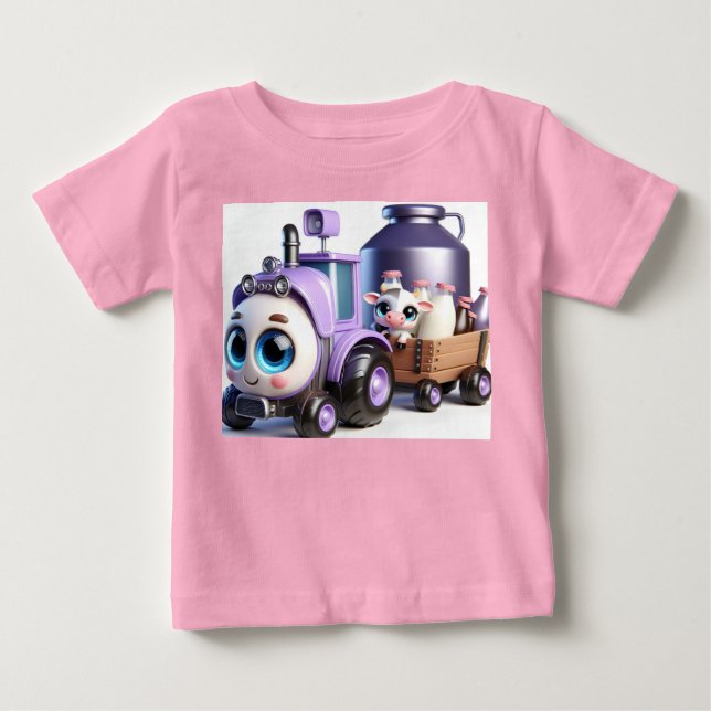Camiseta Para Bebê Trator roxo com vaca e leite (Frente)