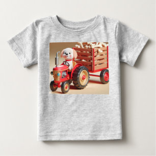 Camiseta Para Bebê Trator Vermelho com Cachorro e Ossos