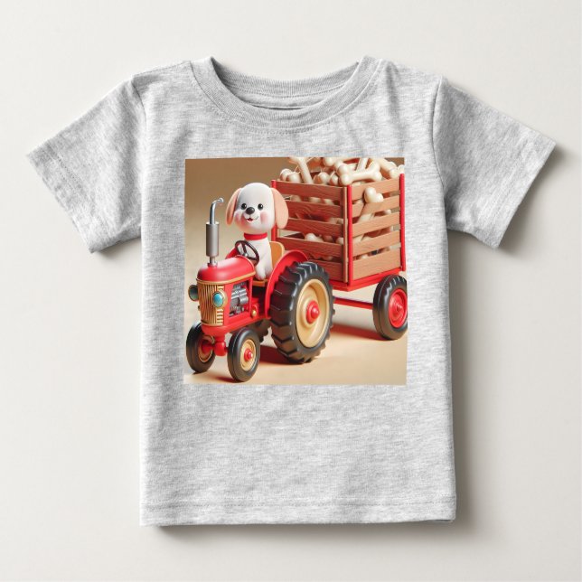 Camiseta Para Bebê Trator Vermelho com Cachorro e Ossos (Frente)