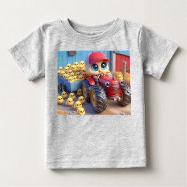 Camiseta Para Bebê Trator vermelho com Pintinhos