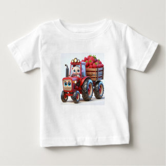 Camiseta Para Bebê Trator Vermelho com Urso e Framboesa