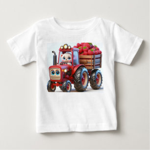 Camiseta Para Bebê Trator Vermelho com Urso e Framboesas