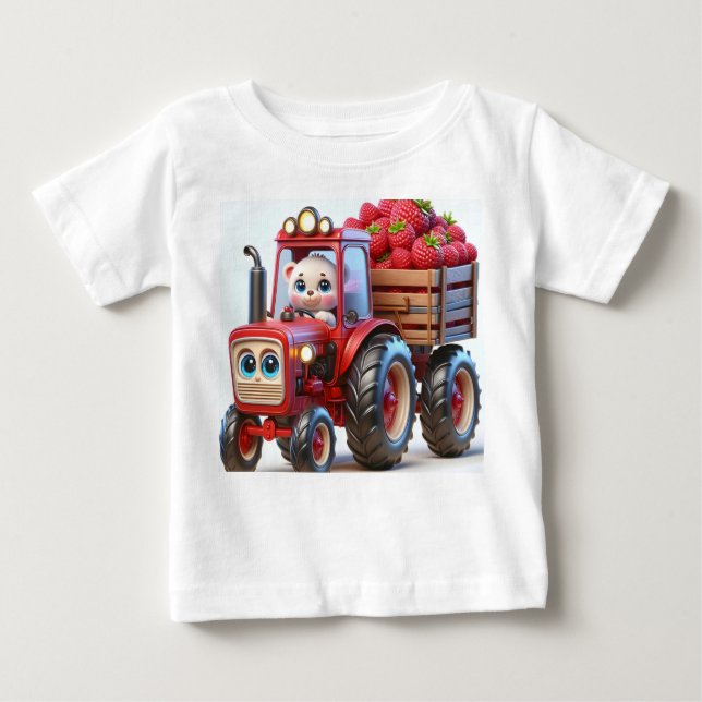 Camiseta Para Bebê Trator Vermelho com Urso e Framboesas (Frente)