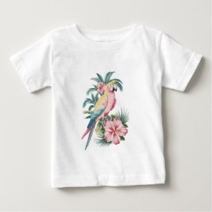 Camiseta Para Bebê Trendy Summer Beach, Papagaio e Flores de Hibiscus