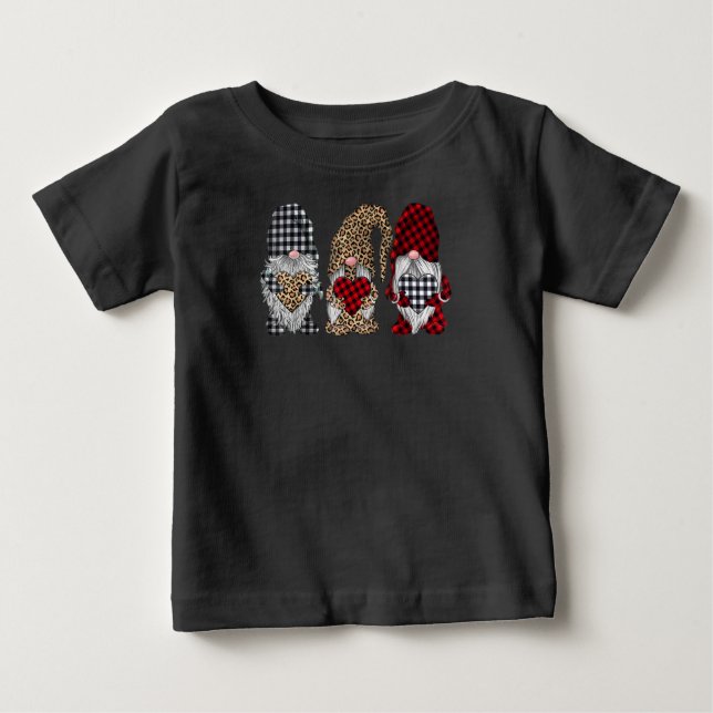 Camiseta Para Bebê Três Gnomos Na Xadrez De Búfalo-Leopardo (Frente)