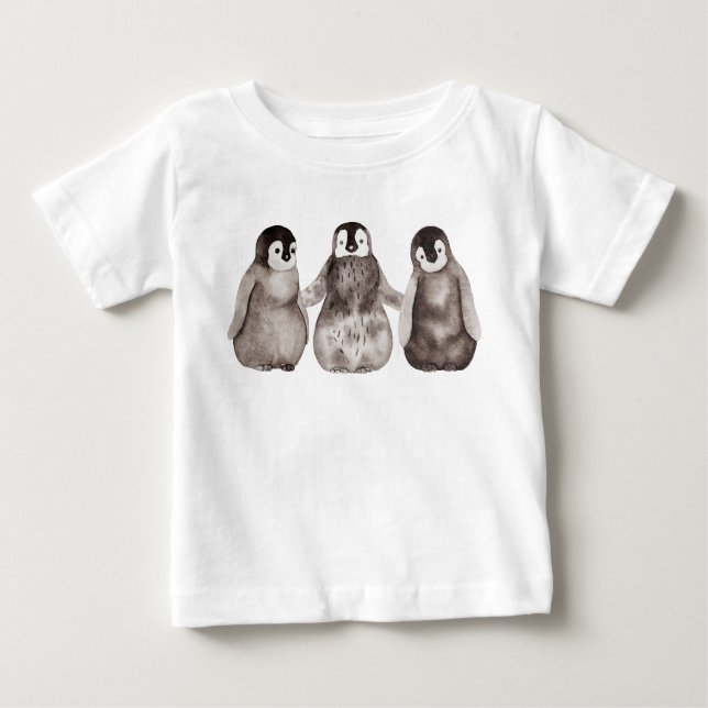 Camiseta Para Bebê Três Pintinhos Imperadores Pinguins de Aquarela  (Frente)