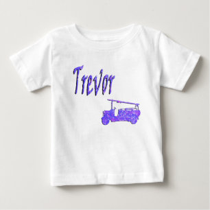 Camiseta Para Bebê Trevor Brilho Azul, Nome, Com Caminhão de Bombeiro