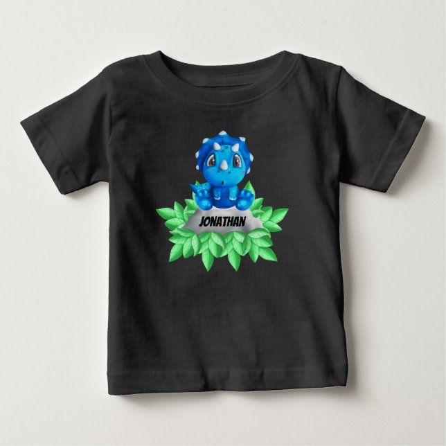 Camiseta Para Bebê Tricerátops de Bebê Azul Dinossauro Negra Camiseta (Frente)