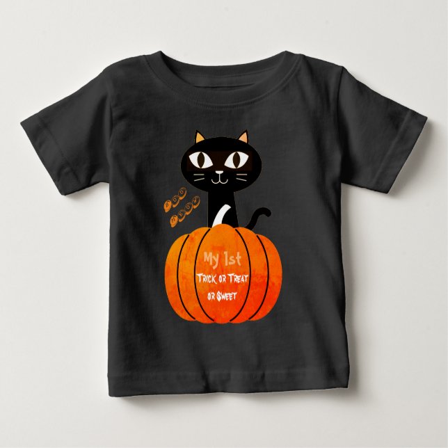 Camiseta Para Bebê Trick ou Treine Black Cat Pumpkin My 1rua Hallowee (Frente)