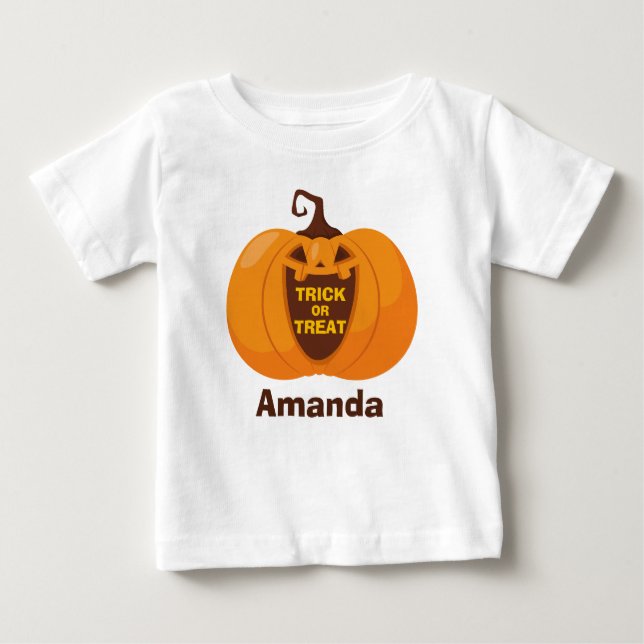 Camiseta Para Bebê Trick ou Treine Pumpkin Laranja Cute Halloween Eng (Frente)