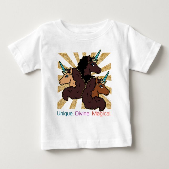 Camiseta Para Bebê Trio Afro Unicorn: Único, Divino e Mágico (Frente)