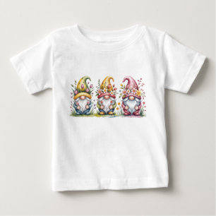 Camiseta Para Bebê Trio de Gnomos da Primavera em Aquarela com Chapéu