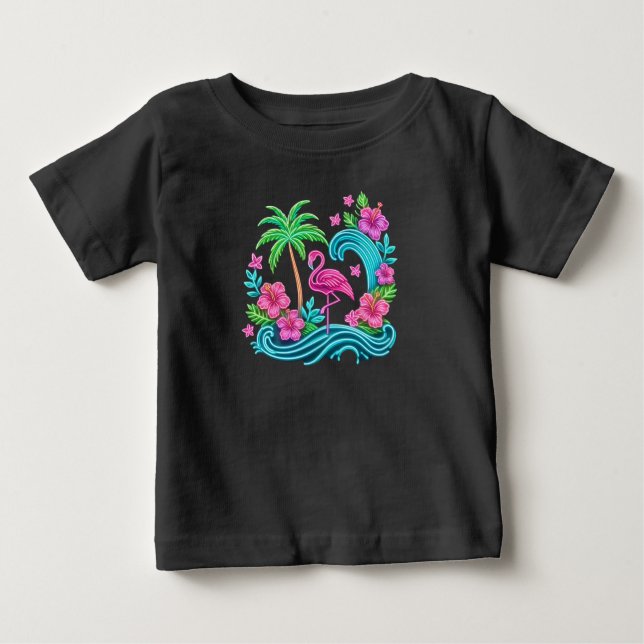 Camiseta Para Bebê Tropical Neon Flamingo (Frente)