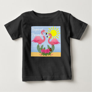 Camiseta Para Bebê Tropical Paraíso Rosa Flamingo - Baby Fine Jersey