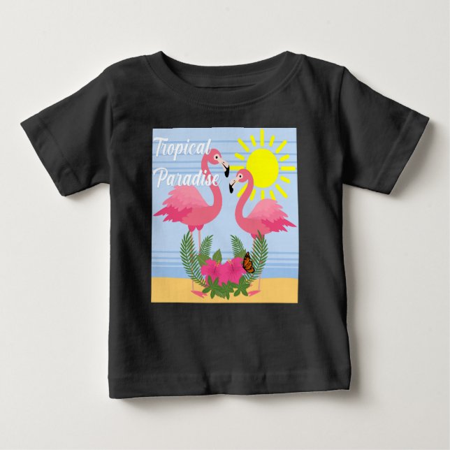 Camiseta Para Bebê Tropical Paraíso Rosa Flamingo - Baby Fine Jersey (Frente)