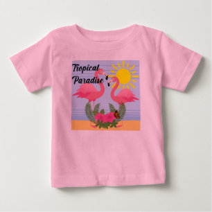 Camiseta Para Bebê Tropical Paraíso Rosa Flamingo - Baby Fine Jersey