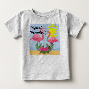 Camiseta Para Bebê Tropical Paraíso Rosa Flamingo - Baby Fine Jersey
