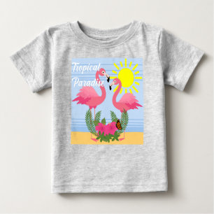 Camiseta Para Bebê Tropical Paraíso Rosa Flamingo - Baby Fine Jersey