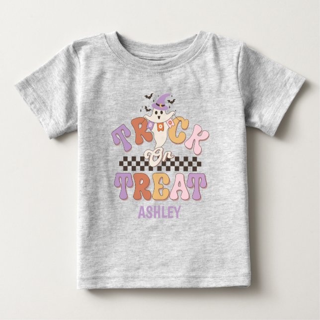 Camiseta Para Bebê Truque de Cuta Fantasma Personalizado ou Tratar Ha (Frente)