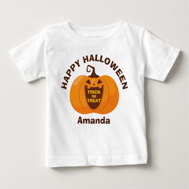 Camiseta Para Bebê Truque Feliz de Halloween ou Tratar Abóbora Laranj (Frente)