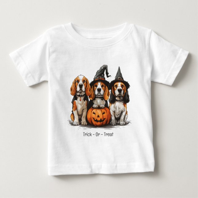 Camiseta Para Bebê Truque Ou Tratar Cães De Beagle Halloween (Frente)