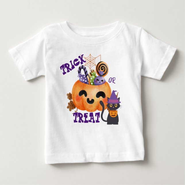 Camiseta Para Bebê Truque Roxo ou Tratar com abóbora e guloseimas (Frente)
