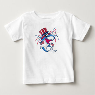 Camiseta Para Bebê Tubarão Azul Branco Vermelho Patriótico 4 de jul