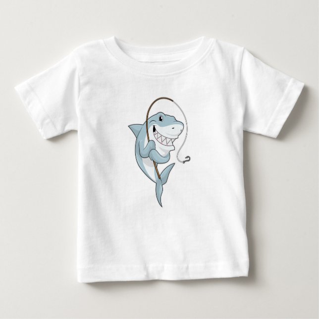 Camiseta Para Bebê Tubarão como pescador com barra de pesca (Frente)
