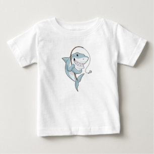 Camiseta Para Bebê Tubarão como pescador com vara de pescar