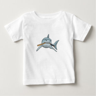 Camiseta Para Bebê Tubarão no beisebol com taco de beisebol
