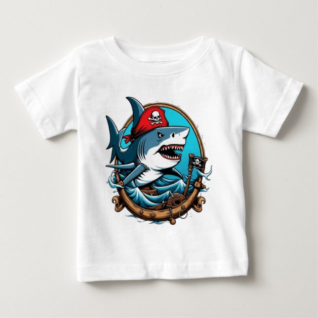 Camiseta Para Bebê Tubarão-pirata-cúmulo num barco (Frente)
