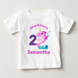 Camiseta Para Bebê Tubarãozinho Unicórnio Rosa Nome Idade Personaliza