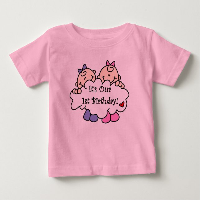 Camiseta Para Bebê Twin Girls Primeiro Aniversário (Frente)