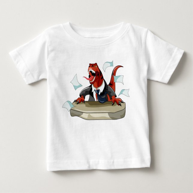 Camiseta Para Bebê Tyrannosaurus Rex Boss Sentado Em Uma Mesa. (Frente)